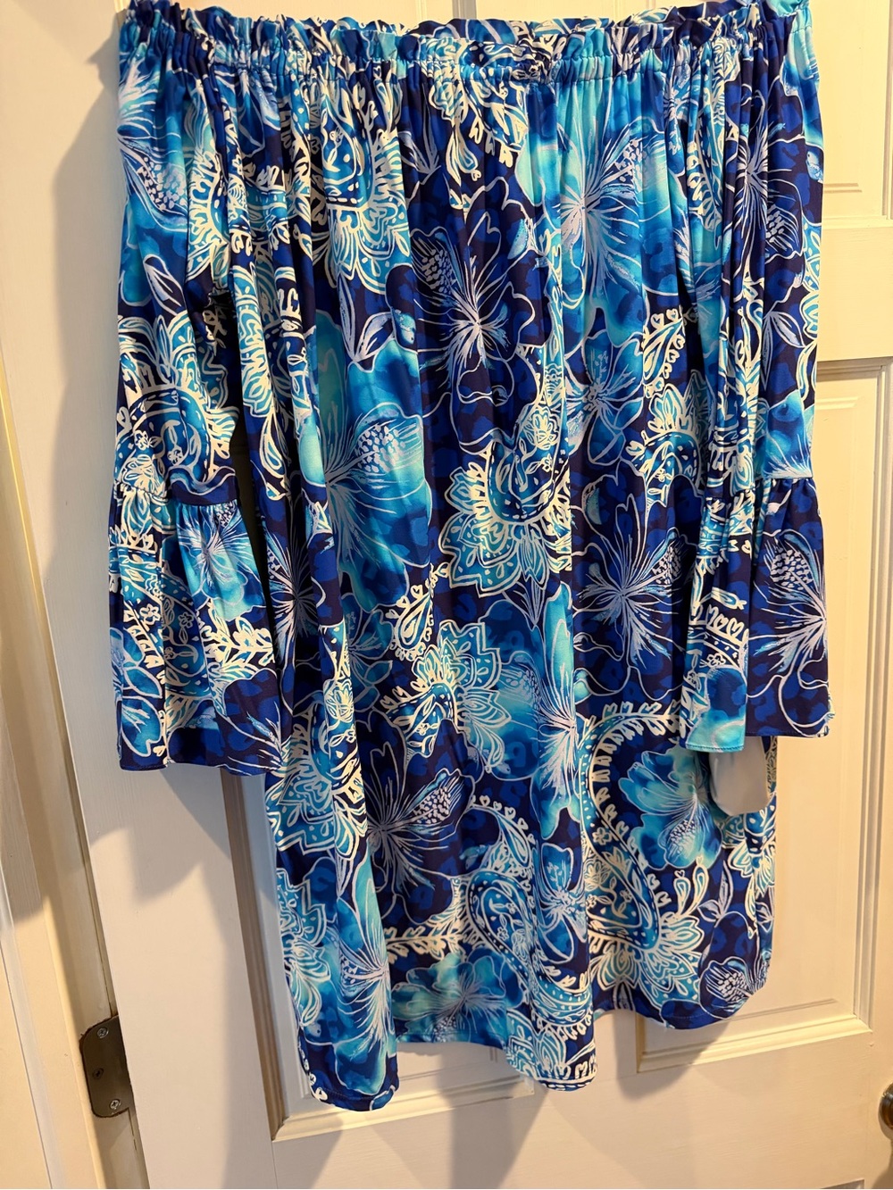 Beach House Blue and White Tropical Off-Shoulder dress